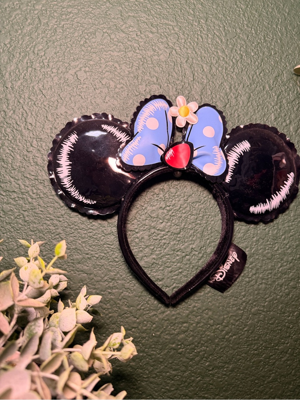 Loungefly Black Minnie Ear Headband with Blue Polka Dot Bow and Red Heart
